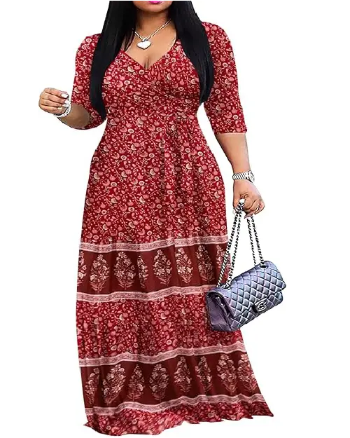 Woman wearing a deep red floral printed V-neck wrap maxi dress featuring three-quarter sleeves, a matching waist tie, and a striped border hem.