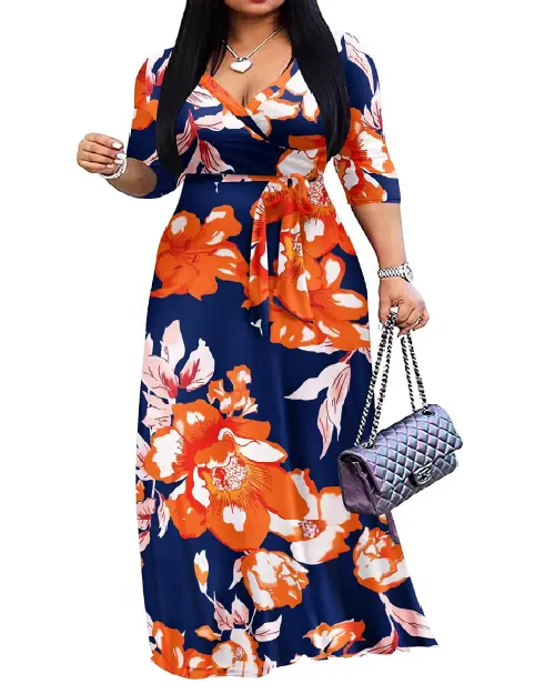 Bring tropical vibes to your wardrobe with this striking leaf print maxi dress, complete with a V-neck wrap bodice, half sleeves, and an adjustable waist belt. Keywords: tropical leaf maxi dress, botanical print long dress, orange and teal dress, wrap dress with belt, vacation resort wear