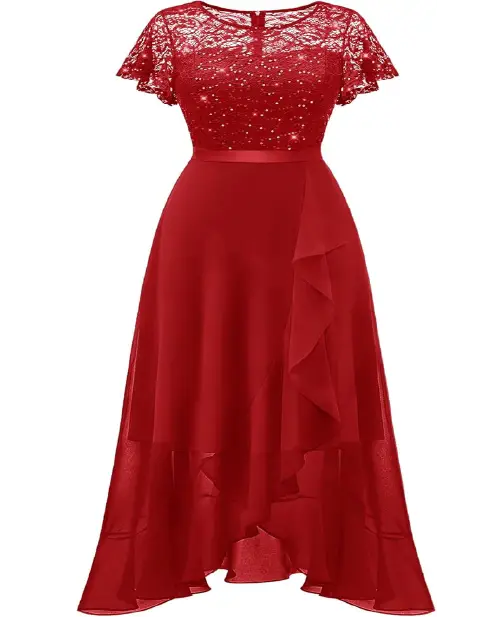 Ruby red lace short sleeve high-low cocktail dress with a sparkling sequin bodice and ruffled chiffon skirt.