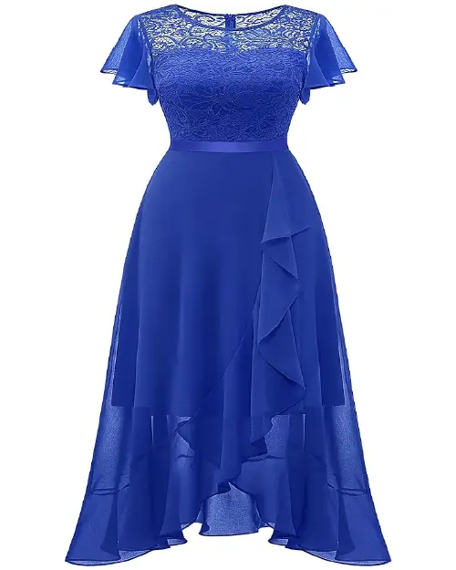 Royal blue lace short sleeve high-low cocktail dress featuring a sparkly sequin bodice and a ruffled chiffon skirt.