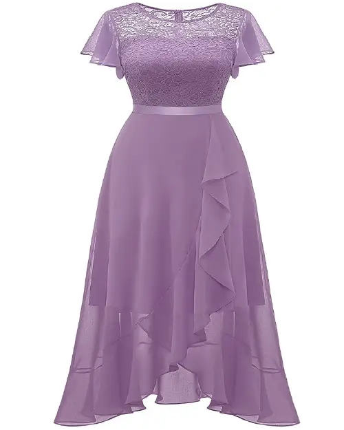 Lavender purple lace short sleeve high-low cocktail dress with a sequin bodice and ruffled chiffon overlay skirt.