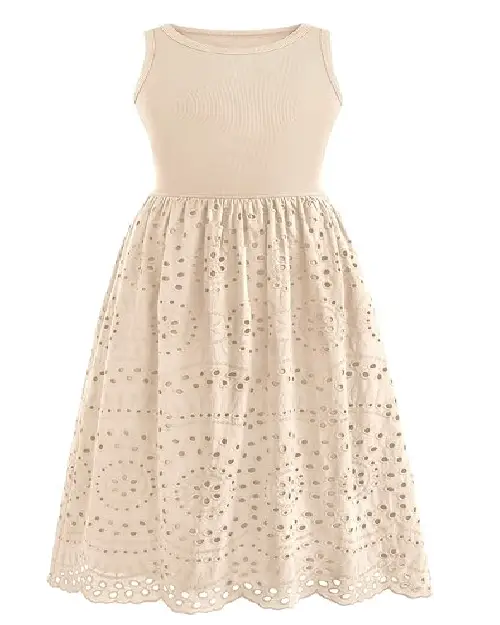 Beige sleeveless round neck midi dress featuring a ribbed knit bodice and an eyelet floral embroidered flare skirt.