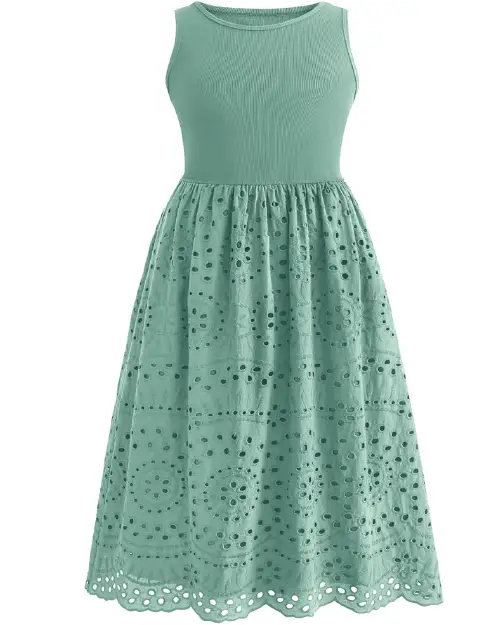 Sage green sleeveless round neck midi dress with a ribbed knit bodice and an eyelet floral embroidered flare skirt.