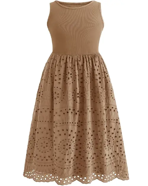 Warm tan brown sleeveless round neck midi dress featuring a ribbed knit bodice and an eyelet floral embroidered flare skirt.