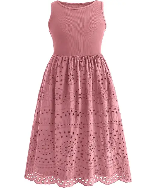 Dusty pink sleeveless round neck midi dress with a ribbed knit bodice and an eyelet floral embroidered flare skirt.