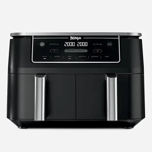 Black Ninja dual-zone air fryer featuring a digital control panel across the top and two pull-out drawers with vertical silver handles.
