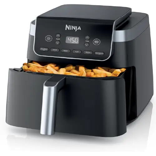Black Ninja single-basket air fryer with a top-mounted digital display screen and a pull-out drawer filled with golden french fries.