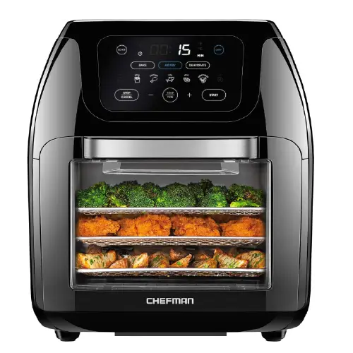 Chefman multi-tier digital air fryer oven with a large front window showing three wire racks stacked with broccoli, fried chicken, and seasoned potato wedges.
