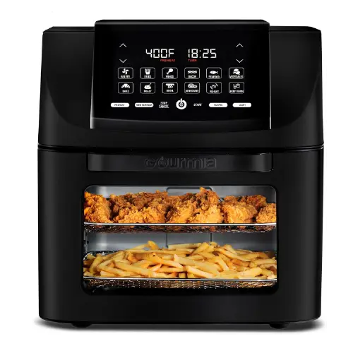Black Gourmia digital air fryer with a digital touch panel at the top and a glass pull-out drawer showing fried chicken and french fries on two wire racks.