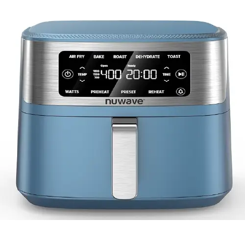 Blue Nuwave digital air fryer featuring a brushed silver metallic control band across the front, a digital LED touch display, and a pull-out drawer with a vertical silver handle.