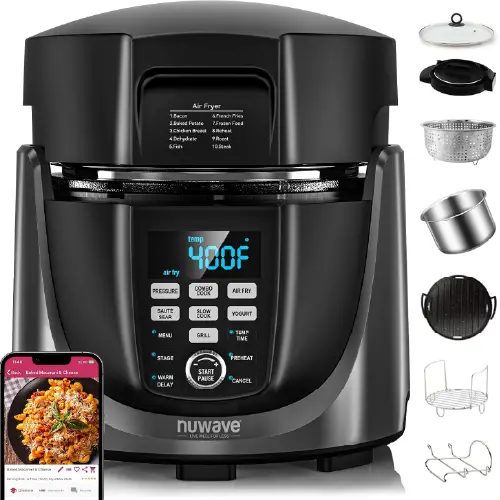 Black multi-functional electric pressure cooker and air fryer combo featuring a central digital LED touch display, surrounded by its interchangeable lids and cooking accessories.