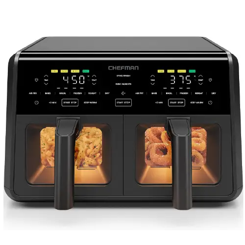 Chefman dual-basket digital air fryer with independent touch control panels across the top, showing french fries in the left basket and onion rings in the right basket through glass viewing windows.