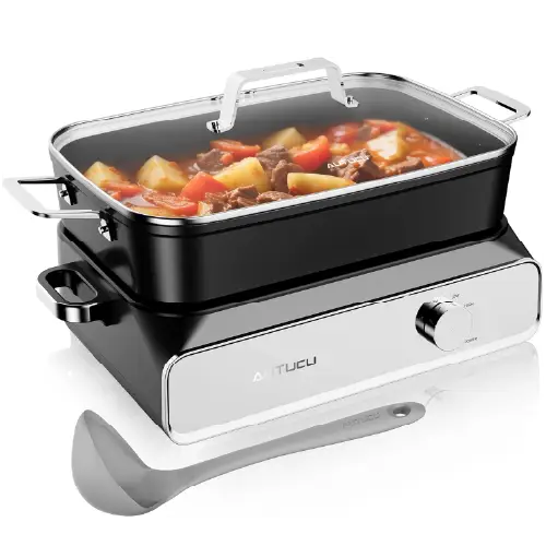 Autucu electric multi-cooker base with a black rectangular cooking pot on top filled with a beef and vegetable stew, accompanied by a matching ladle on the bottom.