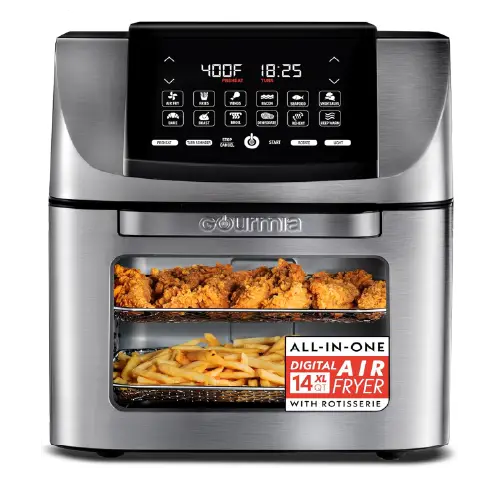Stainless steel and black Gourmia 14 QT XL digital air fryer with rotisserie, displaying two wire baskets filled with fried chicken and french fries.
