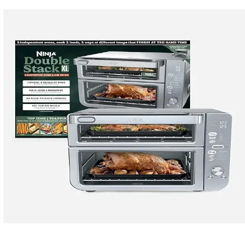 Ninja Double Stack XL countertop oven and air fryer with two vertical levels, shown alongside packaging highlighting its double-stack design and simultaneous cooking capabilities.