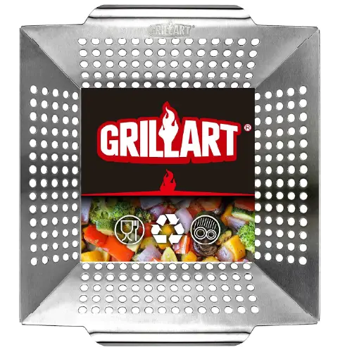 Square stainless steel grill basket with perforated holes and a branded logo plate on a white background.
