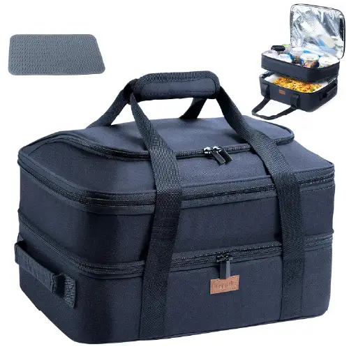 Expandable insulated black casserole carrier for 9" x 13" baking dish with double layers and top pocket