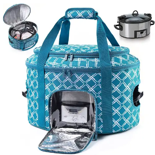 Teal double-layer slow cooker carrying bag for 6-8 quart crock pot with side openings and storage pocket