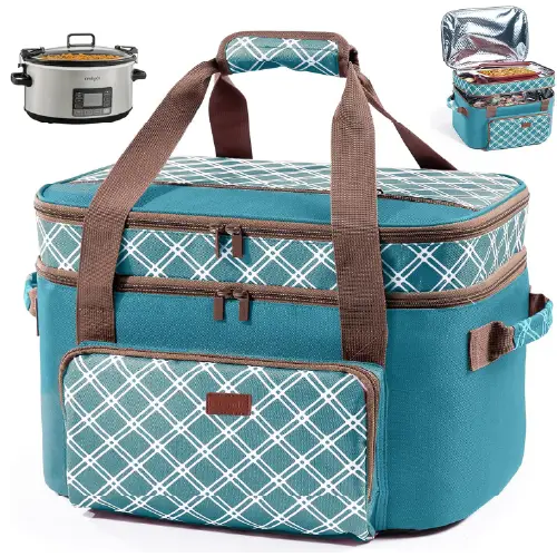 Blue double-layer slow cooker carrier bag for 6-8 quart oval crock pot with thermal insulation and top storage