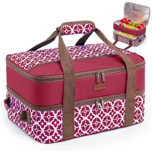 Cranberry double-layer insulated casserole carrier for 9" x 13" baking dish with hot and cold food transport tote design