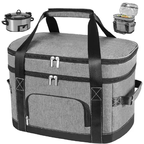 Grey double layer slow cooker carrying bag for 6-8 quart Crock-Pot and Hamilton Beach slow cookers with thermal insulation