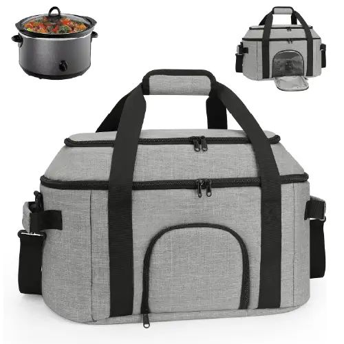Grey double-layer carrying bag for 6-8 quart Crock-Pot with see-through window and lid fastener