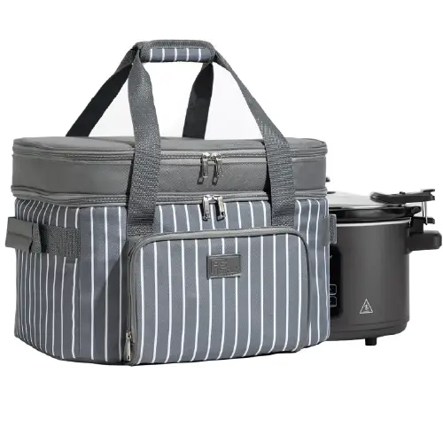 Double layer slow cooker carrier bag for 6-8 quart oval Crock-Pot with support pad, adjustable straps, and top zip compartment