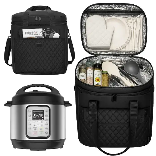 Black Crotirad insulated pressure cooker carrying bag for 6-8 QT Instant Pot with two-layer organization and quilted flap pocket