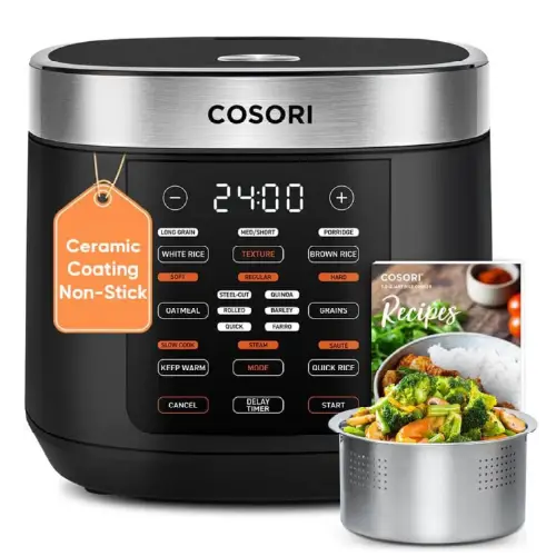 Cosori black digital rice cooker with stainless steel band and recipe book