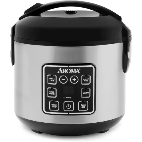 Aroma stainless steel digital rice cooker with black handle and control panel