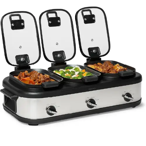 Stainless steel triple tray buffet server with three independent glass lids