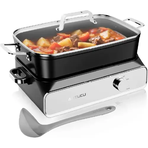 Rectangular electric hot pot with black non-stick pot and glass lid