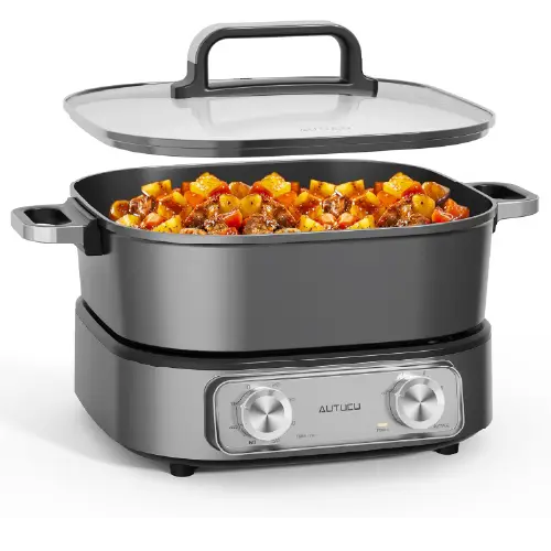 Dark grey square electric multicooker with glass lid and dual-dial base