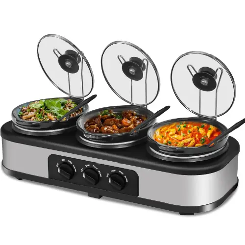 Triple slow cooker station with three oval ceramic pots and glass lids