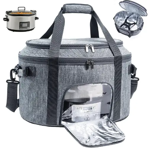 Grey double-layer slow cooker carrying bag for 6-8 quart Crock Pot with a see-through window and accessory storage