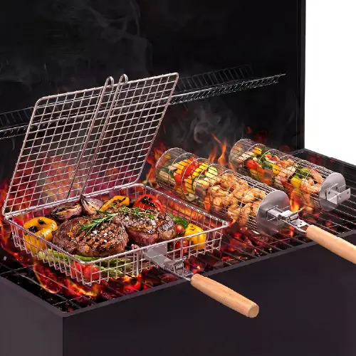Stainless steel grilling baskets including a large rectangular basket and two rolling cylinder baskets over hot grill flames.