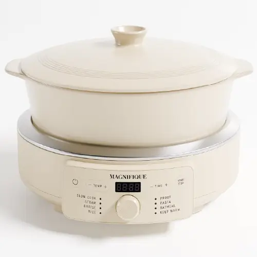 Magnifique cream digital multicooker with matching pot, lid, and central control dial