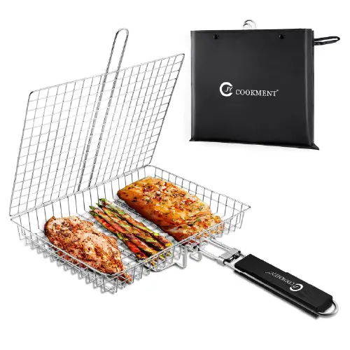 Stainless steel grill basket with black handle containing grilled chicken and asparagus, next to a black storage bag.