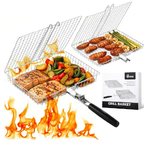 Two stainless steel grill baskets filled with grilled salmon, vegetables, and sausages, shown with a product packaging box.