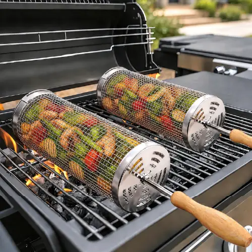 Two rolling stainless steel cylindrical grill baskets filled with vegetables on a charcoal grill grate.