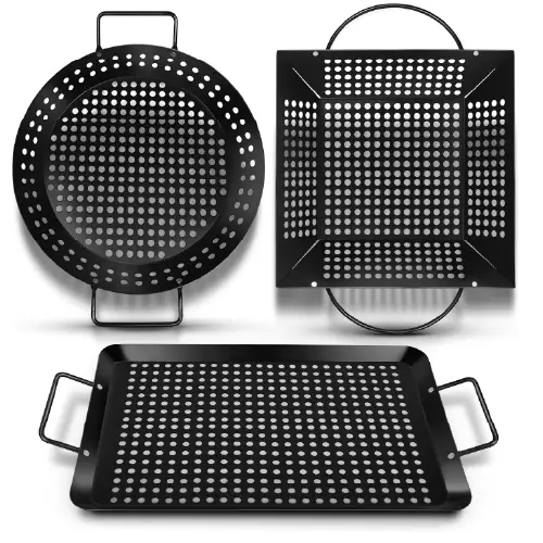 Three black metal grill pans and baskets with perforated holes in round, square, and rectangular shapes.