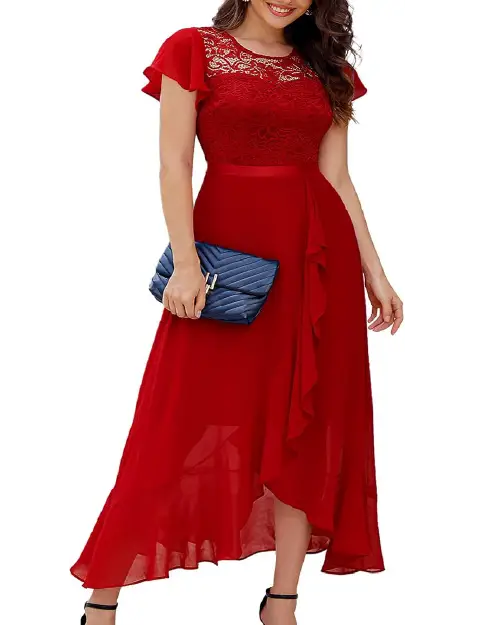 Woman wearing a deep red lace top cocktail dress with flutter sleeves, a cinched waist, and an asymmetrical high-low chiffon skirt, paired with a navy clutch.