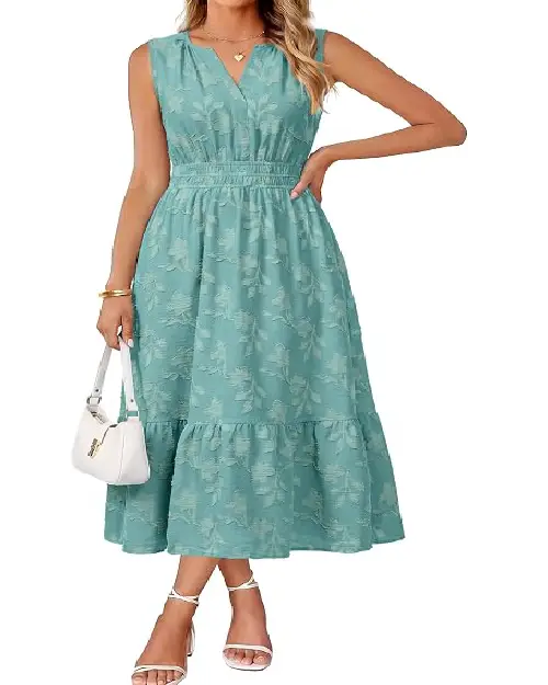 Model wearing a sleeveless light teal green midi dress with a floral jacquard texture, V-neckline, and smocked waist.