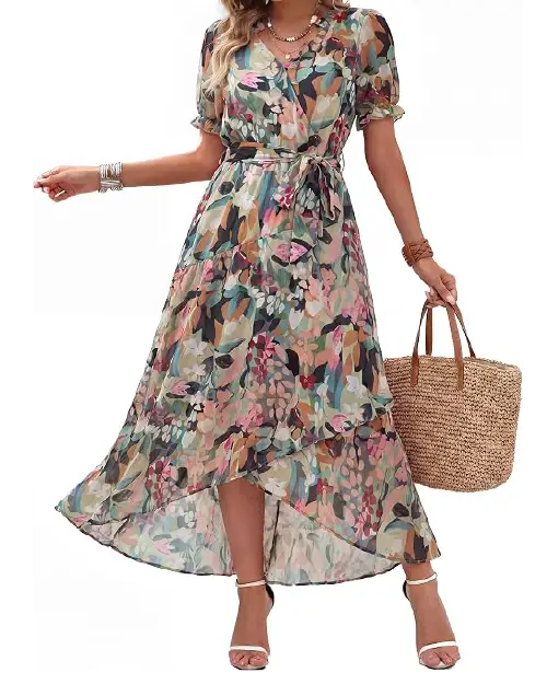 Model wearing a multi-colored olive green floral wrap dress with a high-low hem, short flutter sleeves, and a matching belt tie.