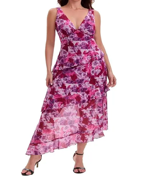 Model wearing a sleeveless wine red midi dress with a raised floral jacquard texture, V-neckline, and smocked waist.