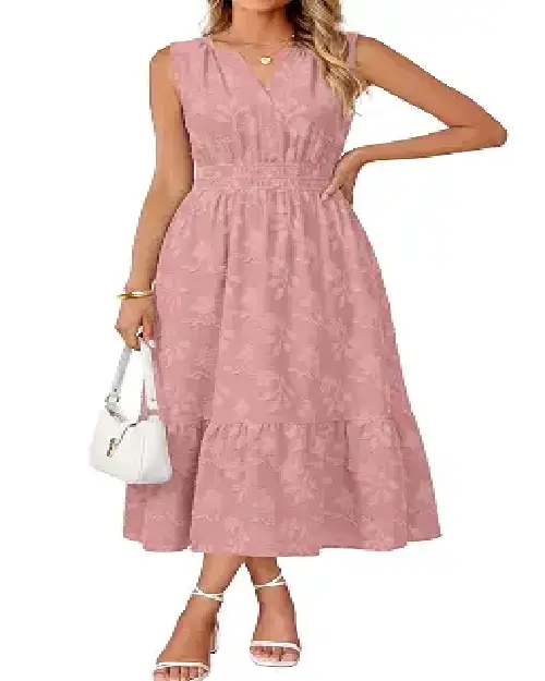 Model wearing a soft dusty rose sleeveless midi dress with a raised floral jacquard pattern, split V-neckline, and smocked waist, holding a white handbag.