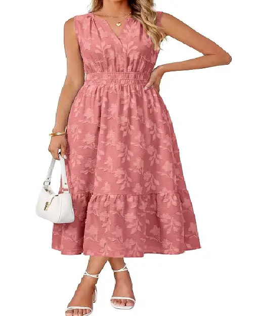 Model in a dusty pink sleeveless midi dress with a textured floral jacquard weave, V-neckline, and smocked waist, holding a white shoulder bag.