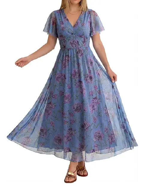Slate Blue Floral Flutter-Sleeve Maxi Dress | Chiffon Smocked Event Dress