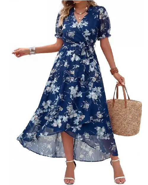 Model in a dark navy blue wrap dress with white floral print, short puff sleeves, and a high-low hem.