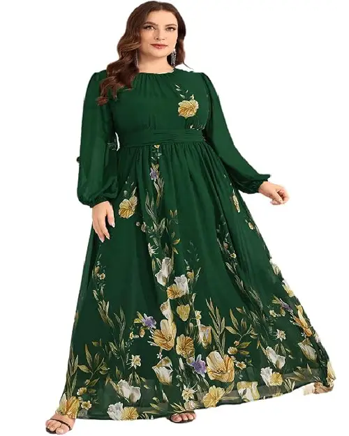 Plus-size model wearing a deep forest green chiffon maxi dress with a long-sleeve design, elastic waist, and delicate yellow and white floral prints.